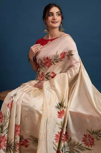 Cream floral printed saree