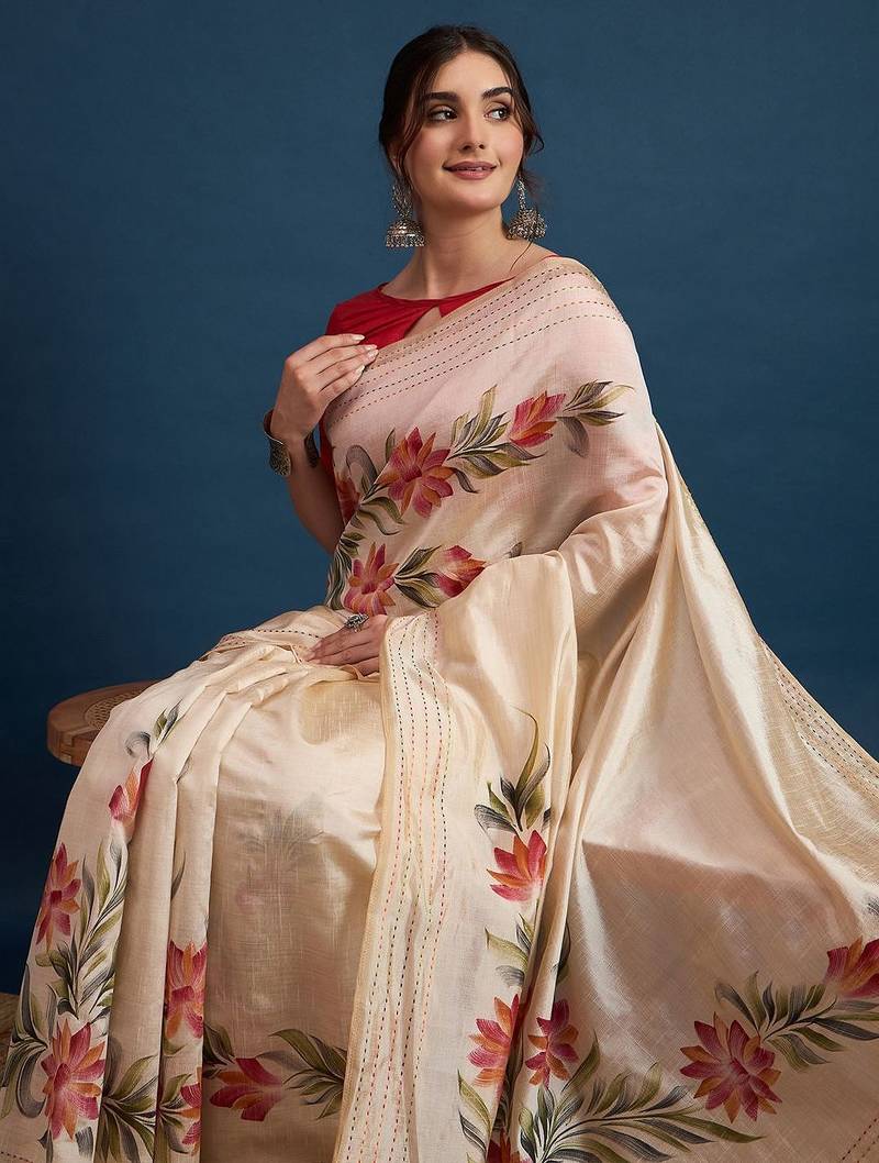 Cream floral printed saree
