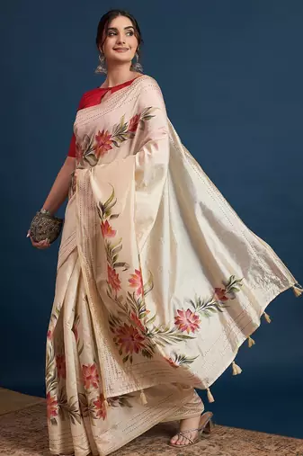 Cream floral printed saree