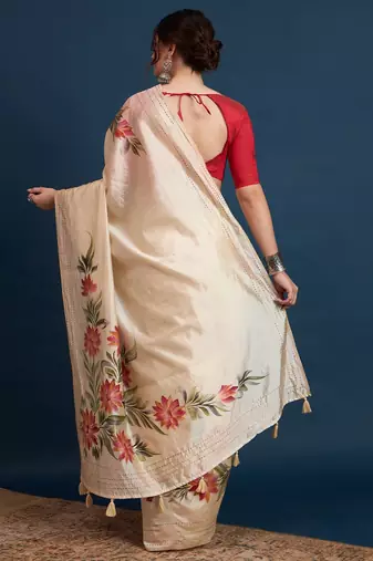 Cream floral printed saree