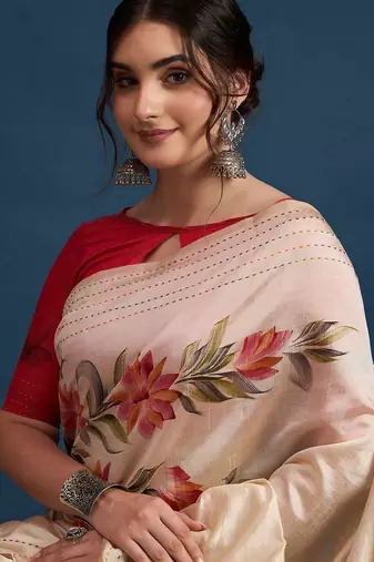 Cream floral printed saree