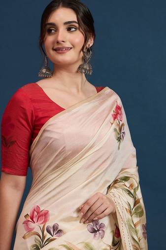 Cream adults-women floral printed with embroidered border saree with unstitched blouse