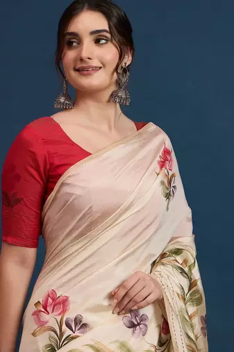 Cream adults-women floral printed with embroidered border saree with unstitched blouse