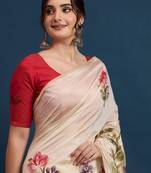Cream adults-women floral printed with embroidered border saree with unstitched blouse