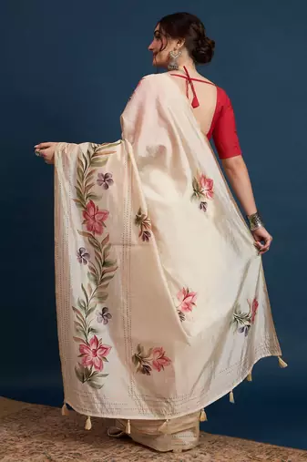 Cream adults-women floral printed with embroidered border saree with unstitched blouse