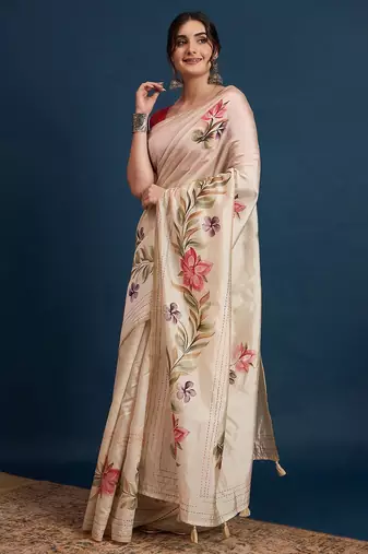 Cream adults-women floral printed with embroidered border saree with unstitched blouse