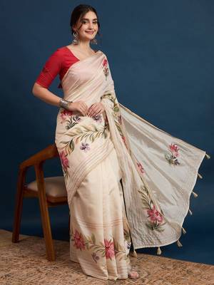 Cream adults-women floral printed with embroidered border saree with unstitched blouse 4