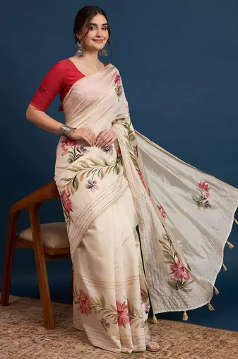 Cream adults-women floral printed with embroidered border saree with unstitched blouse