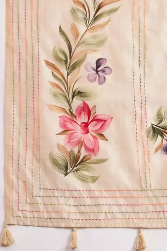 Cream adults-women floral printed with embroidered border saree with unstitched blouse