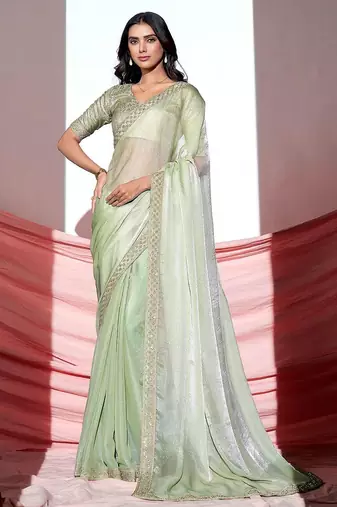 Green shimmer look with embellished border saree with unstitched blouse