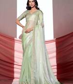Green shimmer look with embellished border saree with unstitched blouse