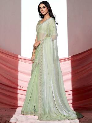 Green shimmer look with embellished border saree with unstitched blouse 2