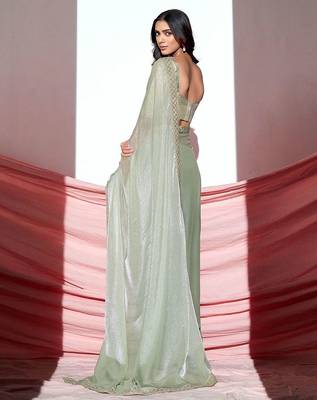 Green shimmer look with embellished border saree with unstitched blouse 3