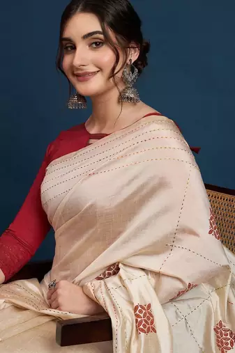 Cream printed party wear saree with unstitched blouse