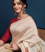 Cream printed party wear saree with unstitched blouse