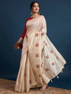 Cream printed party wear saree with unstitched blouse 3