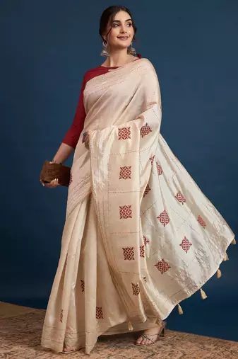 Cream printed party wear saree with unstitched blouse