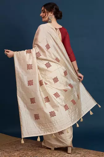 Cream printed party wear saree with unstitched blouse