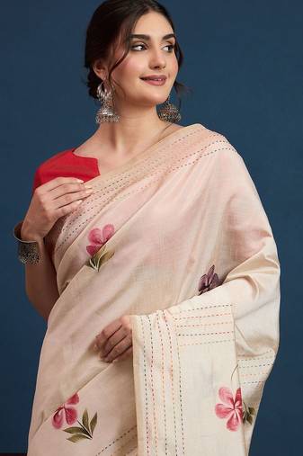 Cream floral printed with embroidered border saree with unstitched blouse