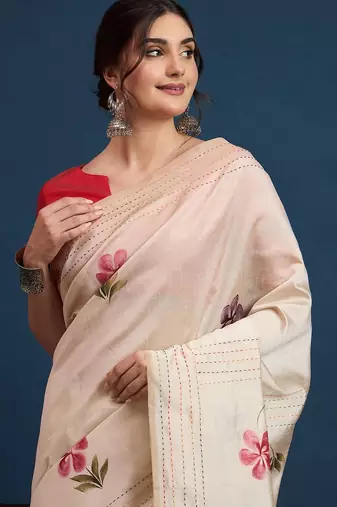 Cream floral printed with embroidered border saree with unstitched blouse