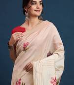 Cream floral printed with embroidered border saree with unstitched blouse