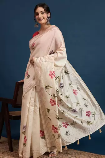 Cream floral printed with embroidered border saree with unstitched blouse