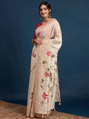 Cream floral printed with embroidered border saree with unstitched blouse 3