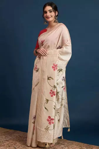 Cream floral printed with embroidered border saree with unstitched blouse