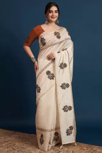 Cream floral printed with embroidered border saree with unstitched blouse