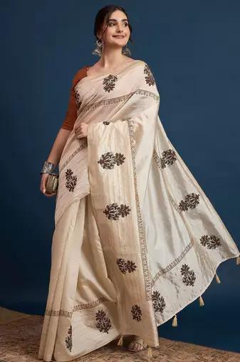 Cream floral printed with embroidered border saree with unstitched blouse