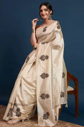 Cream floral printed with embroidered border saree with unstitched blouse