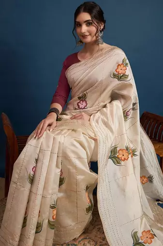 Cream printed party wear saree with unstitched blouse