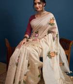 Cream printed party wear saree with unstitched blouse