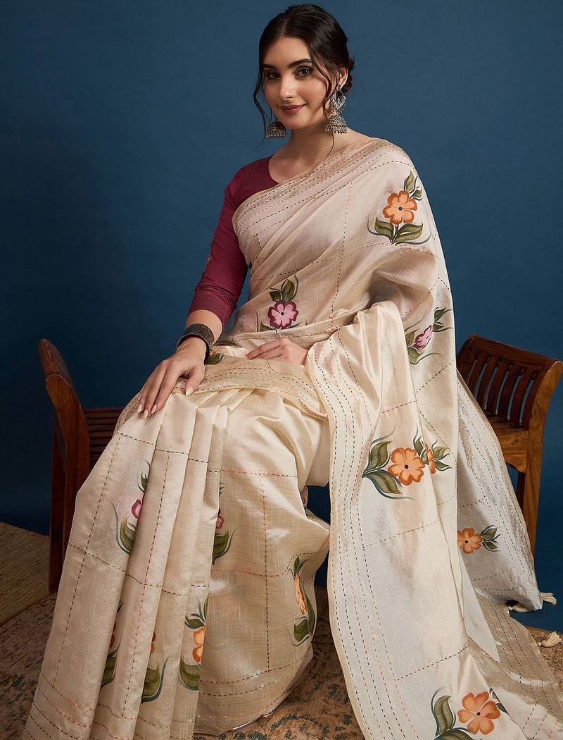 Cream printed party wear saree with unstitched blouse