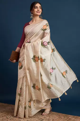Cream printed party wear saree with unstitched blouse