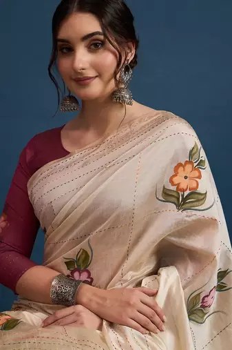 Cream printed party wear saree with unstitched blouse