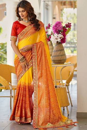 Yellow bandhani printed lace border sarees with contrast blouse piece