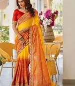 Yellow bandhani printed lace border sarees with contrast blouse piece