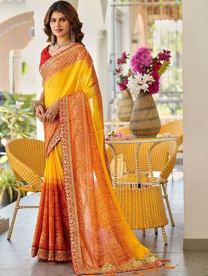 Yellow bandhani printed lace border sarees with contrast blouse piece 3