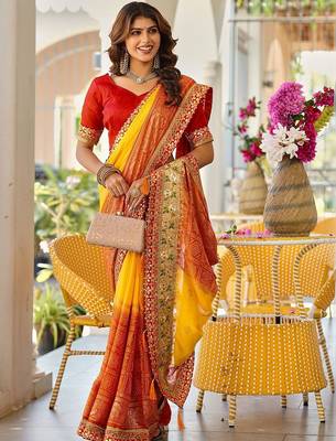 Yellow bandhani printed lace border sarees with contrast blouse piece 4