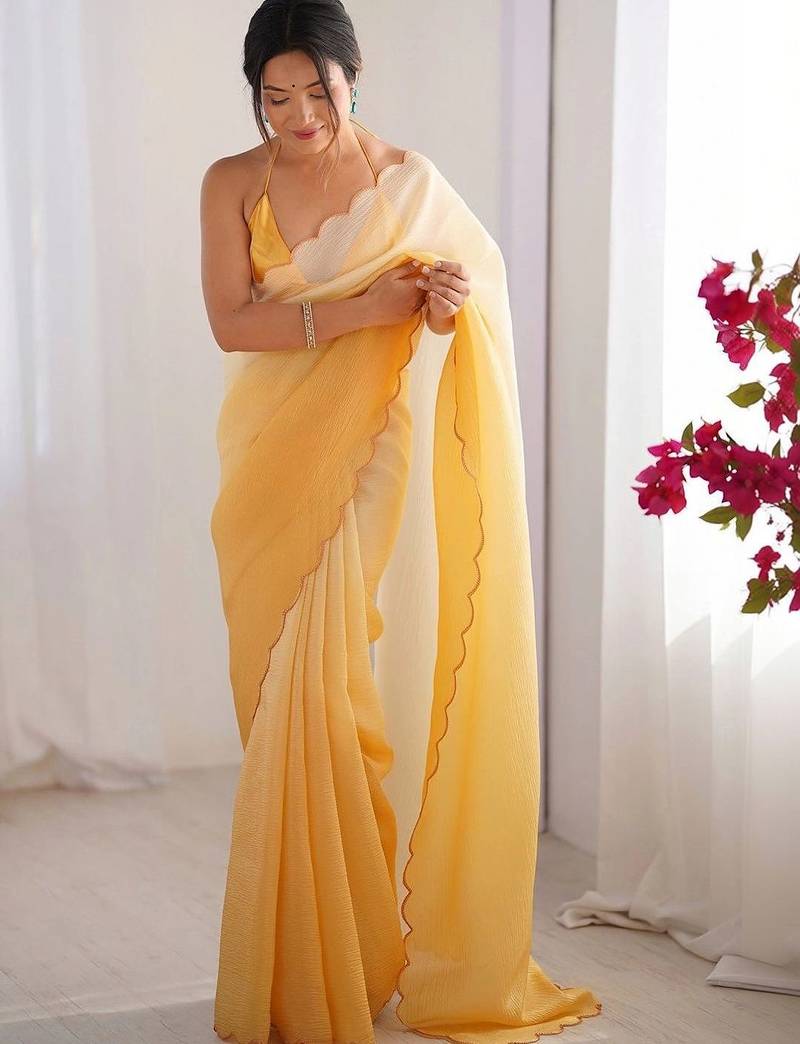 Yellow  chiffon designer saree