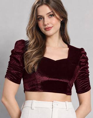 Maroon solid velvet square neck with v-shaped ruched puff sleeves blouse 1
