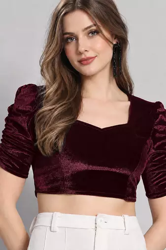 Maroon solid velvet square neck with v-shaped ruched puff sleeves blouse