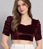 Maroon solid velvet square neck with v-shaped ruched puff sleeves blouse