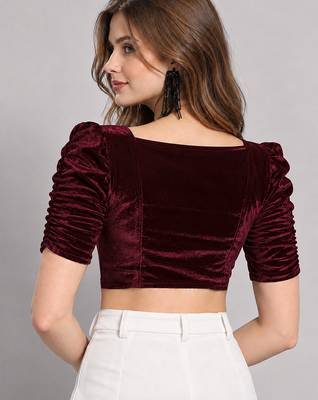 Maroon solid velvet square neck with v-shaped ruched puff sleeves blouse 2
