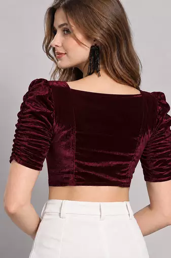 Maroon solid velvet square neck with v-shaped ruched puff sleeves blouse