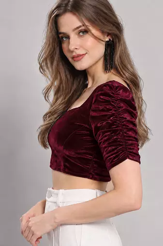 Maroon solid velvet square neck with v-shaped ruched puff sleeves blouse