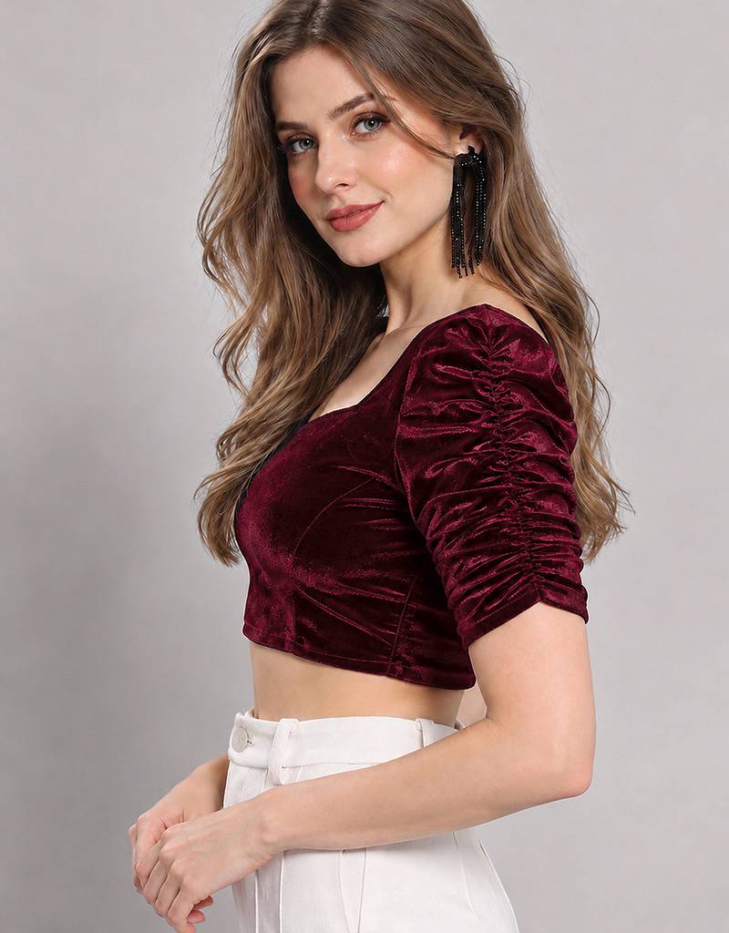 Maroon solid velvet square neck with v-shaped ruched puff sleeves blouse