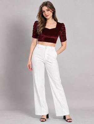 Maroon solid velvet square neck with v-shaped ruched puff sleeves blouse 4