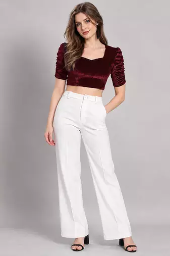 Maroon solid velvet square neck with v-shaped ruched puff sleeves blouse